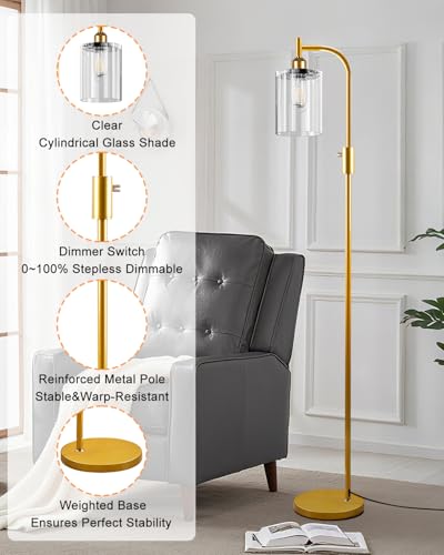 Image of Lightdot 63IN Glass Floor Lamp for Living Room, Dimmable Gold Floor Lamps with Clear Glass Shade, Mid Century Modern Standing Lamps with Bulb Included for Bedroom /Sofa Beside /Corner Decor-Gold