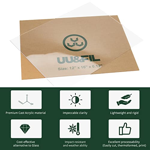 Image of UU&FIL Clear Acrylic Sheets 12 inch x 16 inch, 2 Pack 1 /8 Inch Thick Clear Cast Plexiglass Sheets for DIY Display Projects, Painting, Photography, Tag - Cut to Size