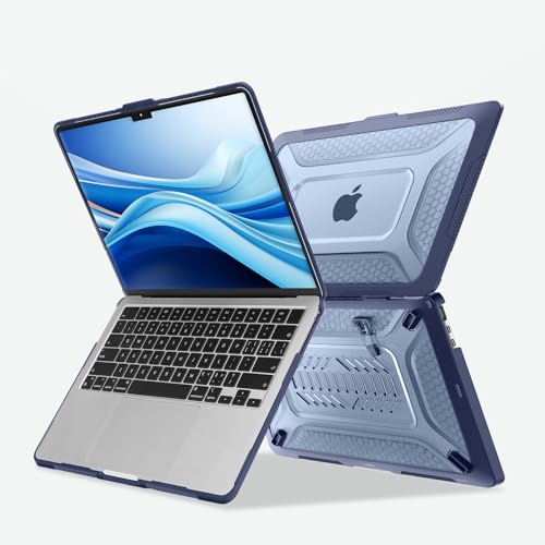 Image of MOSISO Compatible with MacBook Air 13 inch Case M5 M4 M3 M2 2025-2022 A3449 A3240 A3113 A2681, 2 in 1 Kit Honeycomb Shock Resistant Hard Case with Foldable Kickstand for MacBook Air 13.6, Navy Blue