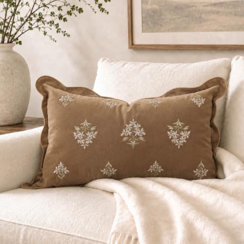BlissBlush Lumbar Pillow Cover 12x20, Brown Velvet Decorative Lumbar Pillow Cover, Floral Accent Cushion Cover with Embroidery and Scalloped Edge for Couch Sofa Bed, Cover ONLY - image 1