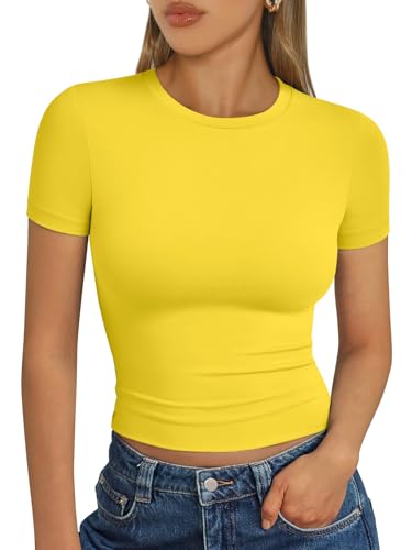 Trendy Queen Womens Short Sleeve T Shirts Summer 2026 Crop Tops Basic Slim Fit Gym Workout Y2k Clothes Yellow M