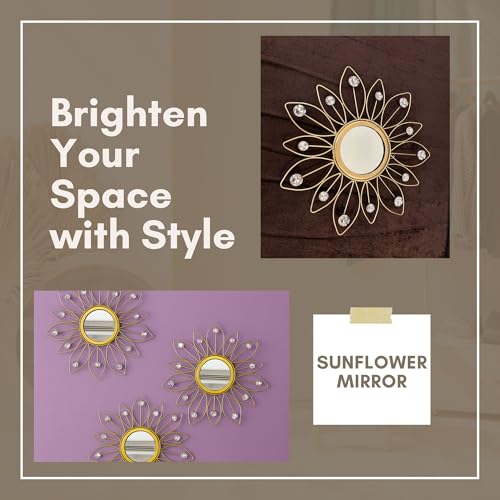 Image of Metal Sunflower Mirror Wall Decor with Crystals | Decorative Mirror Wall Mounted Mirror Wall Decor for Living Room Beautiful Modern Designer | Hanging Mirror Sculpture Set of 3 (Crystal Golden)