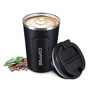 Flintronic Thermosbeker, 380 ml, reisbeker, koffiebeker om mee te nemen, roestvrij staal, BPA-vrij, dubbelwandig, vacuüm-geïsoleerde mok, zwart