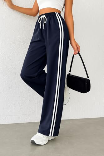 Image of SAKHWALA Women Track Pant | Women's Wide Leg Track Pants High Waist Drawstring Sweatpants with Side Stripes, Casual Loose Fit Lounge Joggers, Dark Grey