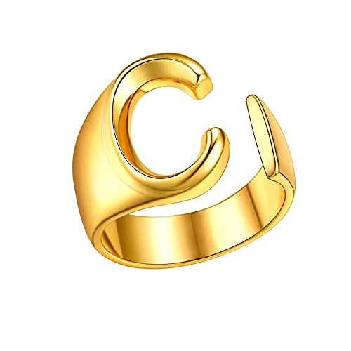 FindChic Initial Rings for Women, Gold Letter Ring, Alphabet C Statement Rings for Men Stackable Knuckle Ring 18K Gold Plated Adjustable Open Ring Fashion Wedding Rings Jewelry Gift