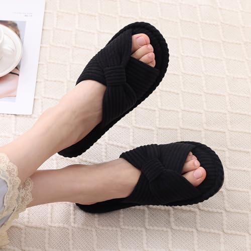 Image of Evshine Summer House Slippers for Women Corduroy Cross Bow Indoor Slippers Open Toe Slip On Bedroom Shoes with Memory Foam