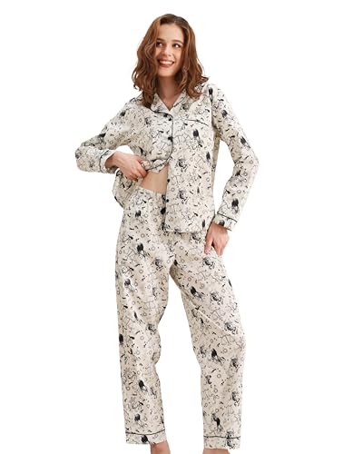 Image of NAP BOUND 100% Cotton Pajamas for Women 2 Piece PJs Set Long Sleeve Button Down Breathable Woven Sleepwear Loungewear XS-XXL