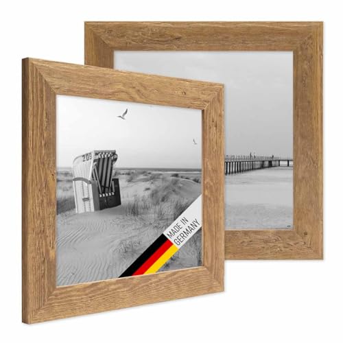 PHOTOLINI Cadres en bois 15 x 15 cm aspect chêne, lot de 2 cadres photo en bois véritable rustique, avec verre, à suspendre ou à poser, avec accessoires -...