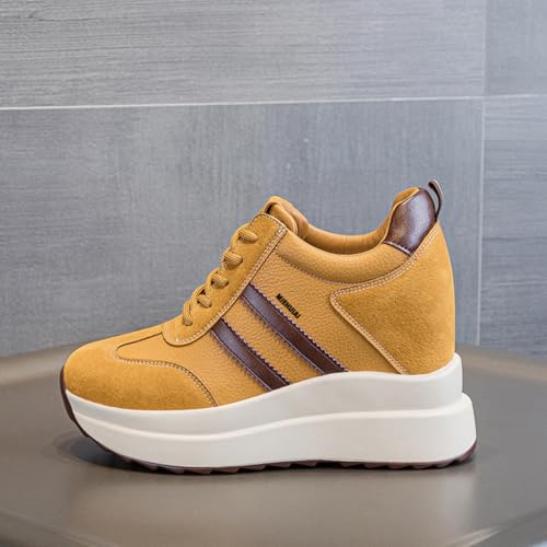 Image of Platform Sneakers for Women High Hidden Heel Wedge Sneakers Fashion Leather Chunky Lace up Wedge Tennis Shoes Increasing 3.94 inch