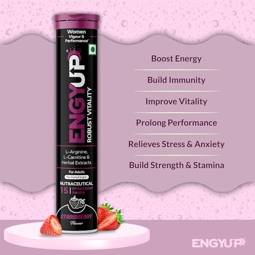 ENGYUP Robust Vitality for Woman | Energy & Stamina Booster | Ashwagandha, Safed Musli, Ginseng, Gokharu, Shatavari, Fenugreek, Arginine, Carnitine | 45 Effervescent Tablets | Strawberry Flavor