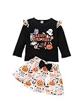 Ensemble de Vêtements Halloween Enfant Bébé Fille Tenue 2 Pièces T-Shirt Volants Lettre à Manches Longues et Jupe Imprimé Citrouille avec Nœud Costume d'halloween 1-6 Ans (Noir, 2-3 Ans)