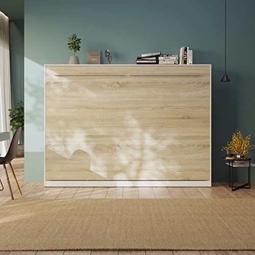 Schrankbett Standard 140x200 Horizontal Weiß/Eiche Sonoma ausklappbares Wandbett, ideal geeignet als Wandklappbett fürs Gästezimmer, Büro, Wohnzimmer, Schlafzimmer – Bild 4