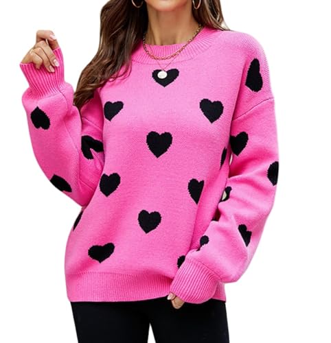 Women's Cute Heart Sweater Love Print Valentine Romantic Knitted Top Casual Crewneck Long Sleeve Sweaters Pullover