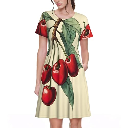 KoloQren Vestido de verano para mujer, de manga corta, acampanado, con bolsillos, transpirable, hasta la rodilla, con estampado de cerezas rojas, Negro -, S