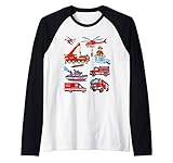 Design mit Feuerwehrmann und Feuerwehrfahrzeugen wie Krankenwagen Feuerwehrauto Löschflugzeug und Hubschraubern