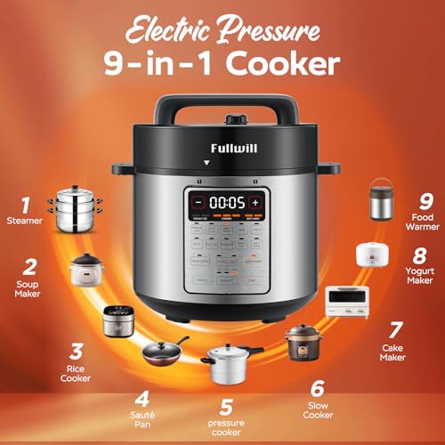 Fullwill 6qt Electric Pressure Cooker: 9-in-1 Multi-Functional Slow Cooker and More
