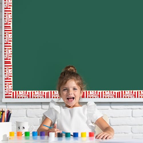 Image of Whaline 32.8ft Popcorn Bulletin Board Borders Red White Stripe Popcorn Die-Cut Border Trim for School Classroom Office Chalkboard Decoration