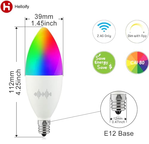 helloify B11 LED Smart, WiFiLight Candelabra Bulb Compatible with Alexa, RGBCW Color Changing, Cool Warm White Dimmable, No Hub Required, 40WEquivalent, RGB2700K-6500K, 2PCS by helloify - Image 7