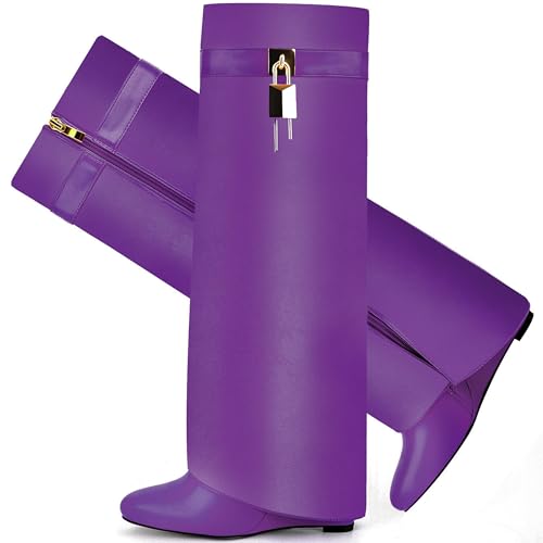 Image of Fold Over Boots for Women Pointy Pull-on Wedge Heel Knee Shark Boot With Side Zipper Padlock Design