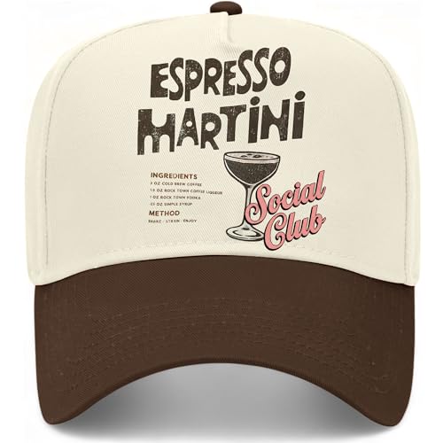Espresso Martini Social Club Ingredients Hat | Premium Vintage Trucker Hat with Adjustable Snapback for Men and Women (US, Alpha, One Size, Brown/Natural)