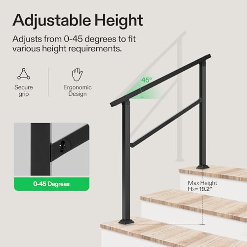 Image of VIVOSUN Outdoor Handrail, 3 Step Stair Handrail, 40 inch x 36 inch Fits 1 to 3 Steps, Wrought Mattle Iron Handrail for Concrete Steps, Porch Steps, One-Step Assembly, Black