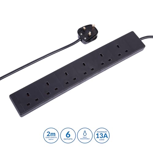 Pro Elec 6 Gang Extension Lead with 2m Cable, Black, 13A Rated