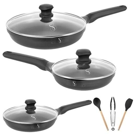 Stone&Stone Set 3 padelle 20cm 24cm 28cm estremamente antiaderente induzione gas | alluminio e acciaio padella professionale batteria | rivestimento tedesco + 3 coperchi 3 utensili priva di PFAS