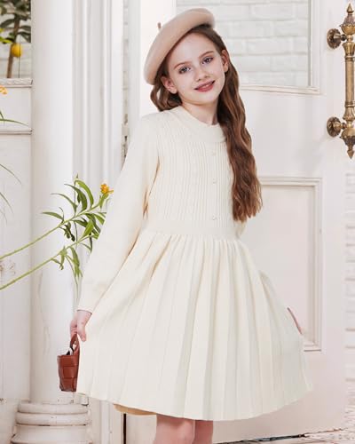 WULFUL Girl's Sweater Dress Long Sleeve Button Pleated Casual Fall Winter Knit Dresses 5-12Y4