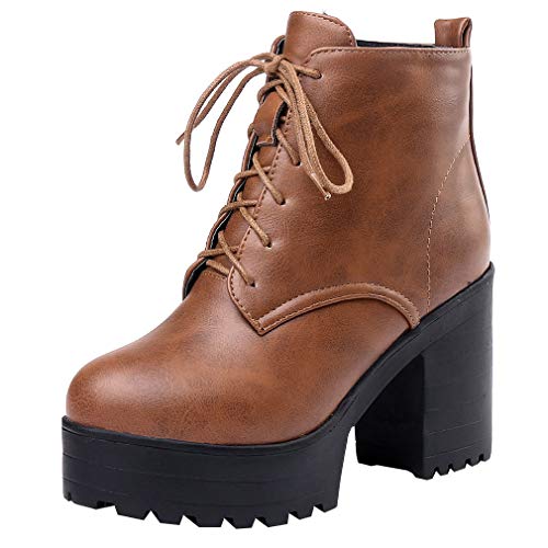 Parisuit Women's Chunky Lace Up Booties Platform High Heel Ankle Boots Fashion Autumn Winter Shoes