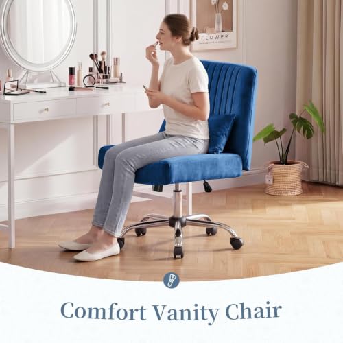 Image of Velvet Criss Cross Desk Chair with Wheels, Luxury Cross Legged Office Office, Swivel Wide Seat Vanity Chair, Armless Adjustable Height Gaming Chair Gift, Dusty (1, Royal Blue)