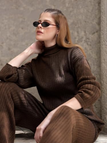 Image of Kvetoo Women Winter Coord Set Wool Blend High Neck Sweater and Wide Leg Pants Warm Tracksuit Pajama Set Two Piece Knitwear Travel Wear for Lounge Casual Office