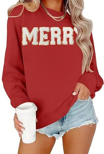 YALUCOR Women Christmas Sweatshirts Merry Christmas Pullover Tops Glitter Chenille