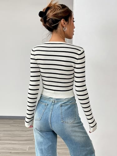 Image of Verdusa Women's Crop Sweaters Long Sleeve Scoop Neck Striped Fitted Pullover Tops Black and White Large