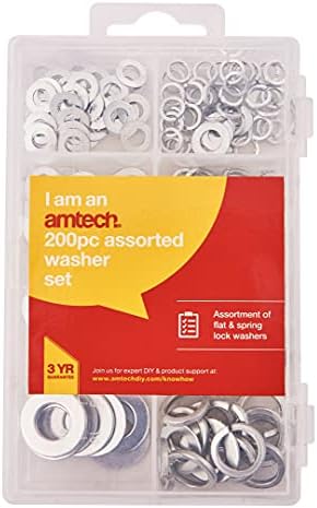 Amtech S5850 Assorted Washers, 200 Pieces Include Flat Washers and Lock Washers, M5, M6, M8, M10, Plus Storage