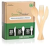 GreenThinker Disposable Bamboo Utensils, Pack of 100, Durable Dinner Cutlery Set | Eco Friendly,...