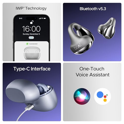 Image of Boat Airdopes Loop OWS Earbuds w /Clip-On Fit, Air Conduction Tech, 50HRS Battery, 4Mics ENx, Dual EQ Modes, 12mm Drivers, 40ms Latency, ASAP Charge, OWS Ear Buds in Ear Bluetooth Earphones(Cool Grey)