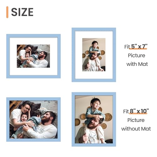 Image of upsimples 8x10 Picture Frame Set of 5, Display Pictures 5x7 with Mat or 8 x 10 Without, Wall Gallery Photo Frames, Blue