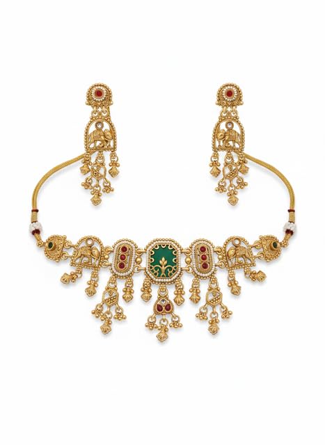 Traditional Antique Gold Plated Choker Jewelry Set for Women, Bridal Palki & Doli Motif Necklace with Matching Long Earrings, Ruby & Pearl Accented Temple Jewelry for Weddings-image-20