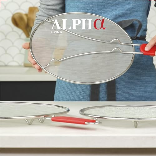 Image of Splatter Guard for Frying Pan & Food Strainer and Universal Cookware 13 inch - Stops Hot Oil Splash - RED Handle - Splatter Screen for Cooking - Alpha Living