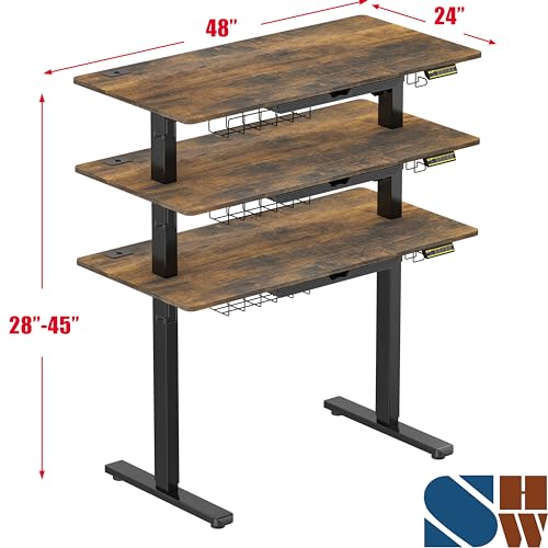SHW 48-Inch Electric Height Adjustable Standing Desk with Drawer, Memory Preset and Cable Management Tray, Rustic Brown — view 3