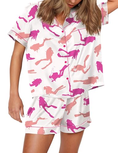 Image of SHESHOW Pajamas for Women Set Satin Button Down Short Sleeve Top and Shorts Pjs Sets Sport Ball Print Sleepwear XS-XXL