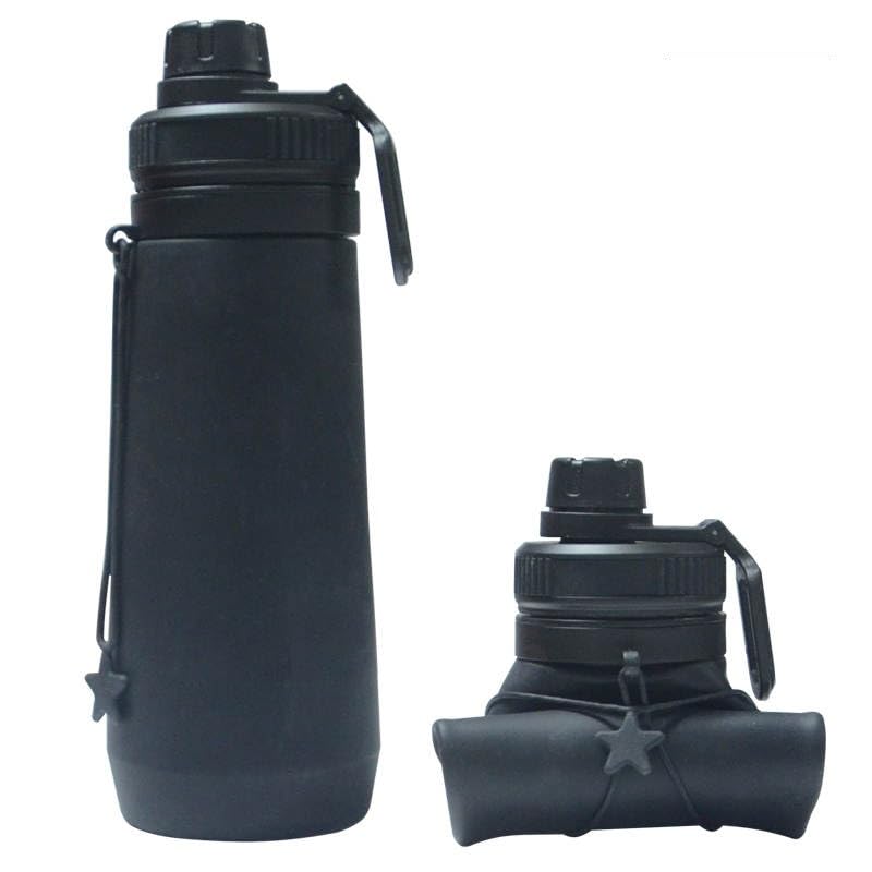 750ml/25 Fl Oz Foldable Silicone Water Bottle, Reusable, BPA Free, Odorless, Dishwasher-Safe, Sports bottle for Travel Gym Camping Hiking, Lightweight, Durable, Portable, Leak Proof (Black)