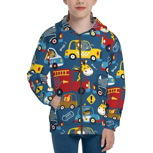 Vehicles Cartoon with Animal Drivers Kid Hoodies Boys Zip Up Sweatshirts Girls Pullover with Pocket3