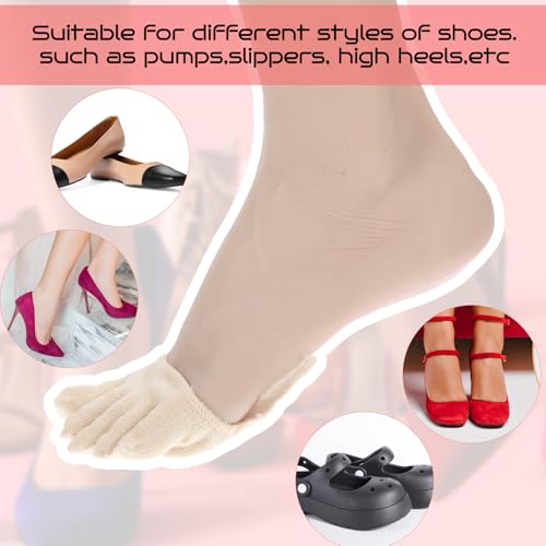 6 Pairs Toe Topper Socks Women, Invisible Toe Socks for Women, Non-Slip Five Toes Forefoot Pads, Half Sock for Heels to Relief Pain (Black and Light Khaki)4