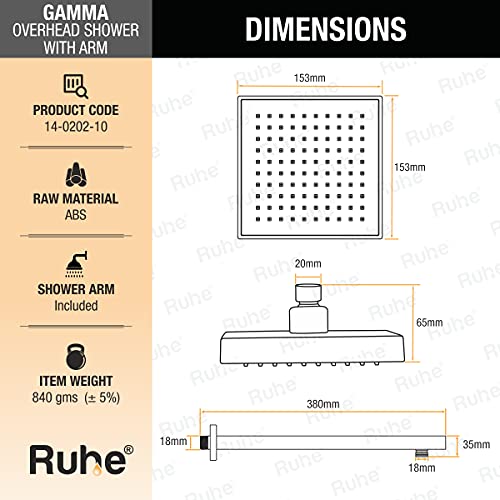 Image of Ruhe Gamma ABS Overhead Shower Complete Set | 6x6 Inches Square Showerhead with 15 Inches Stainless Steel Shower Arm and Wall Flange | Chrome Finish Rain Shower with Easy-to-Clean Silicone Nozzles