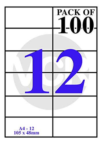 VCR A4 Size White Self Adhesive Label/Sticker for Printer (Inject/Copier/Laser) - Matte - 12 Sticker Per Sheet - 100 Sheets Pack