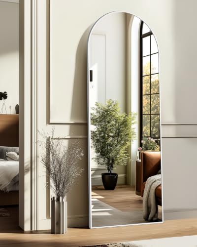 Image of Arched Full Length Mirror, 56 inchx15 inch Standing Body Mirror for Wall, Silver | Built-in Stand, HD Shatterproof Glass, Aluminum Alloy Frame, Hanging or Standing, for Bedroom, Living Room & Dressing Room