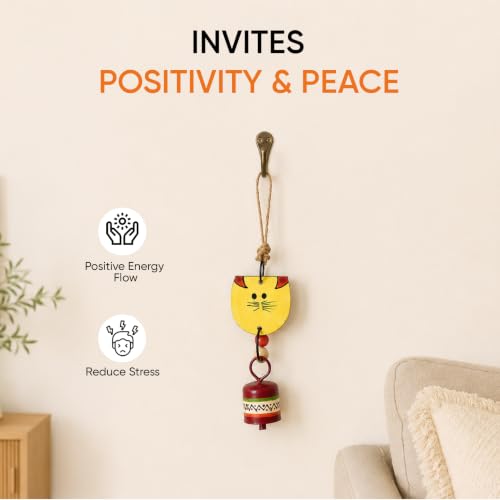 Image of Aakriti Art Creations Handpainted Wild Cat Wind Chime in Yellow & Red | Modern Art Wooden & Metal Wind Chime with Bell | Matte Decorative Wind Chimes for Balcony, Garden & Home, Living Room & Gifting