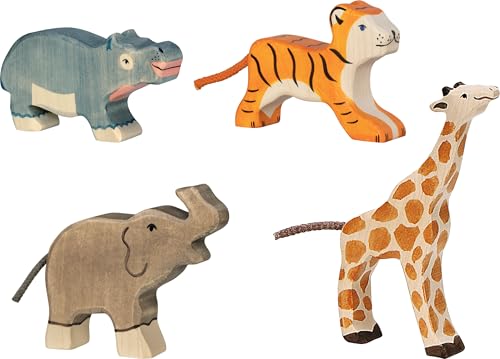 Holztiger 80632 Wilde Tiere Tierkinder Set mit 4 niedlichen Spielfiguren aus Holz- Elefant Giraffe Tiger Nilpferd handbemalte Spielzeugtiere für Kinder Made in Europe