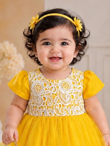 Image of Pspeaches Girls Dupion Short Sleeves Round Neck Solid 1 Piece Dress|Western Dress for Cute Baby Girls|Party & Casual Outfit